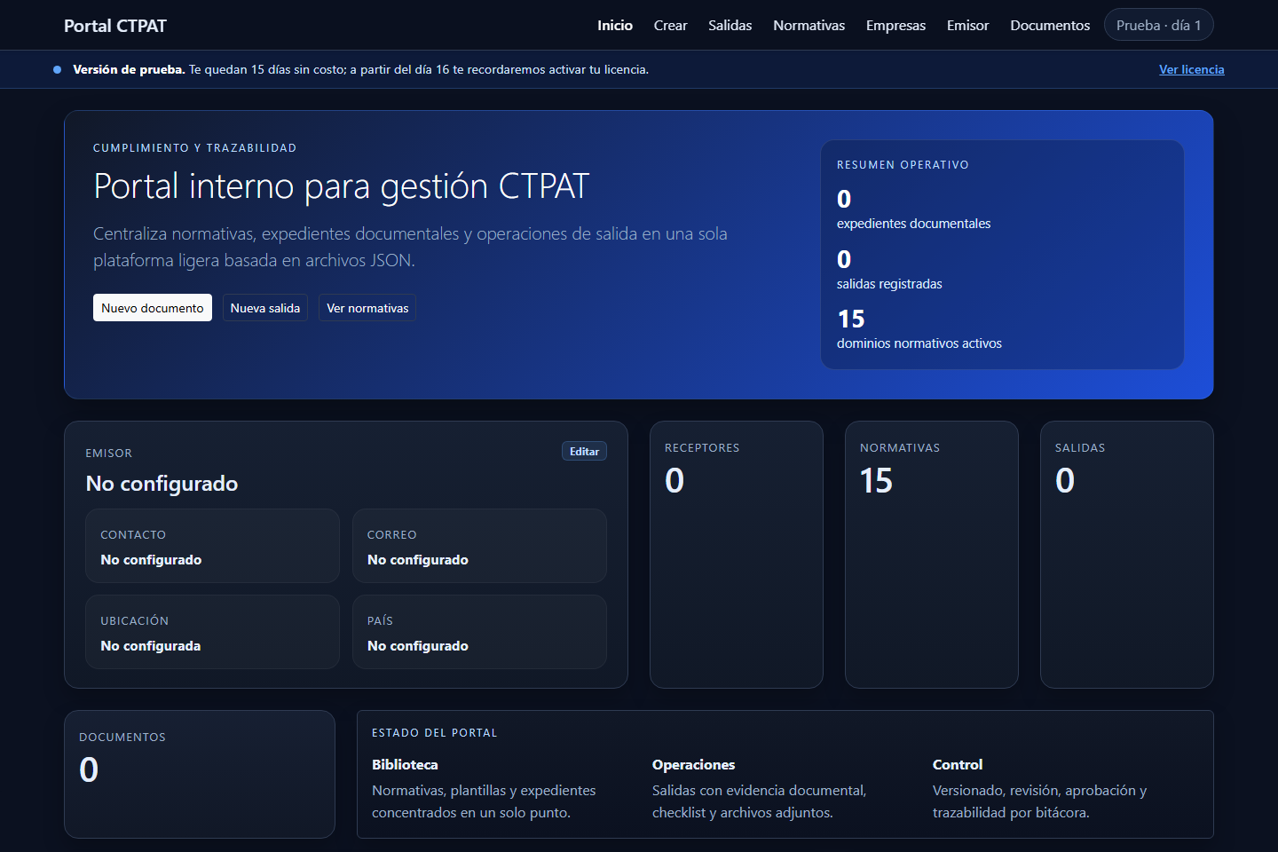 Dashboard de CTPAT Desktop con resumen del emisor, empresas, normativas y documentos