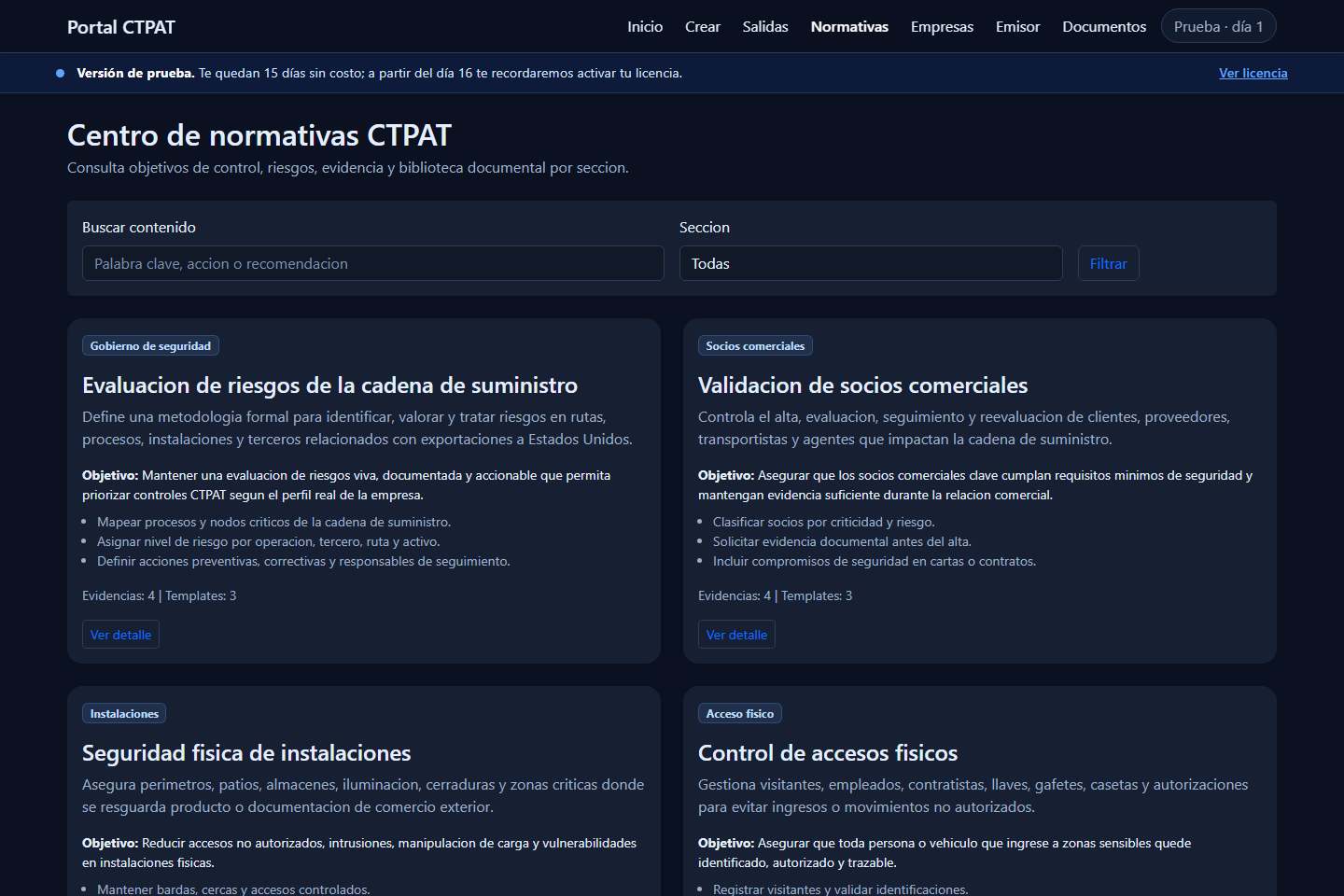 Centro de normativas CTPAT con buscador y dominios de control