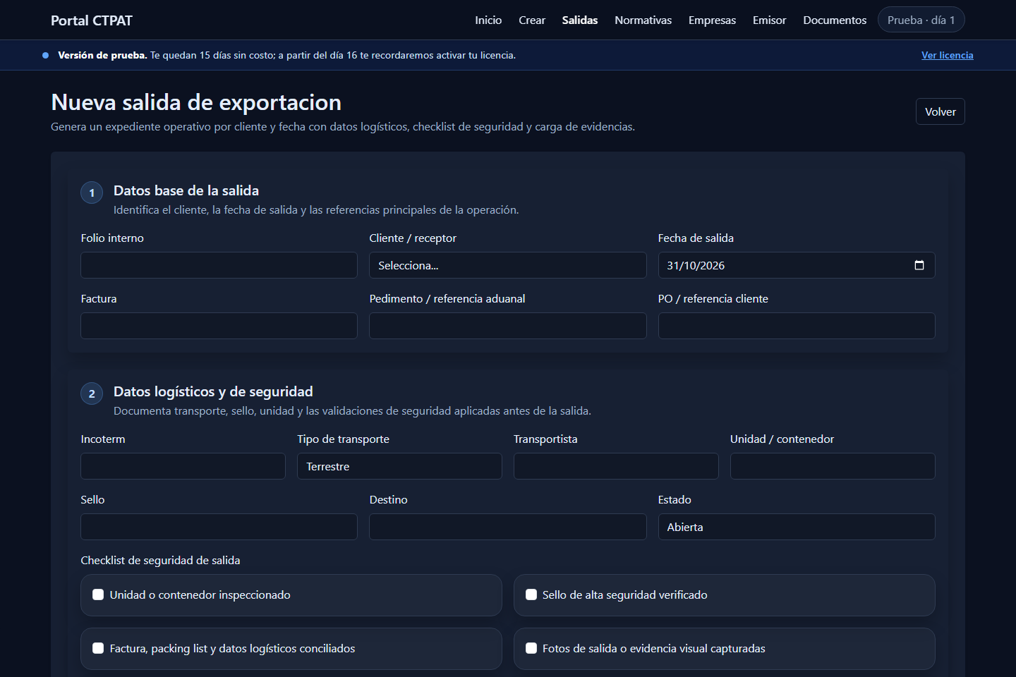 Formulario de nueva salida de exportación con datos logísticos y checklist